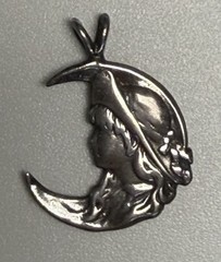 Vintage Sterling Silver Pendant with Girl’s Face Hat Crescent Moon Silhouette