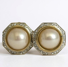 Vintage Faux Pearl Rhinestone Clip On Earrings Silver Tone Octagon Wedding Glam