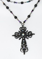 BEN-AMUN Signed AB Crystals Gun Metal Cross Pendant Necklace Choker 14.5″