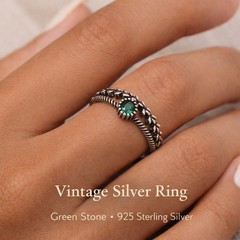 925 Sterling Silver Adjustable Vintage Ring Green Stone Boho Stackable Band
