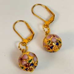 Vintage Cloisonne Dangle Earrings Gold Floral Enamel Glass Bead Boho Chic