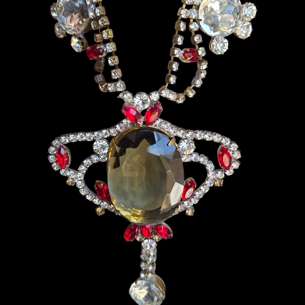 Vtg Signed Husar D Czech Glass Festoon Necklace Green Center Red Accent Stones