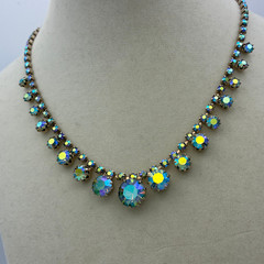 Vintage Aurora Borealis Rhinestone Fringe Necklace Brass Gold Tone 16″
