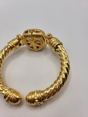 Vtg JOAN RIVERS Clamper Bangle Bracelet Goldplate Rope Design Purple Glass Stone
