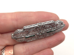 Vintage Art Deco Filigree Faux Gemstone Green Clear Glass Rhodium Plated Brooch