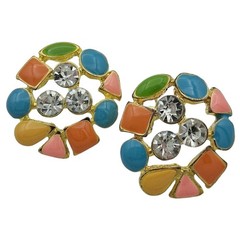 Y2K Multicolor Enamel Rhinestone Statement Earrings Gold Tone 1″