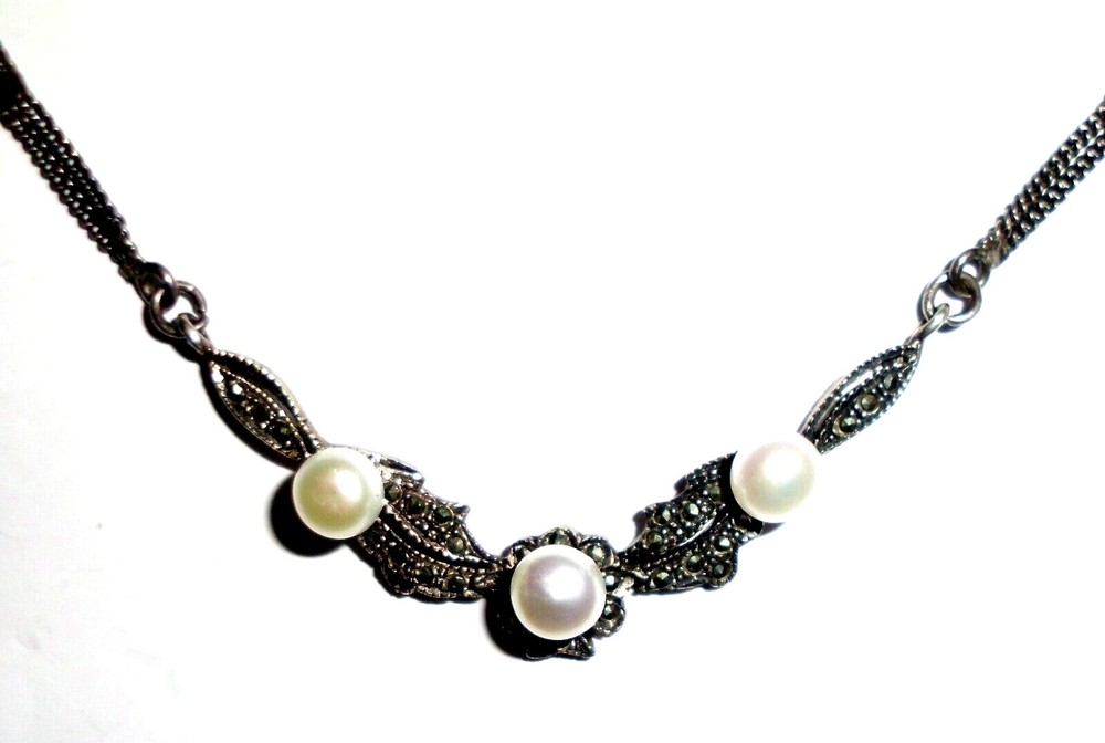 Vintage Sterlling Silver Marcasite Pearl Stationed Necklace 17″ Double Chain