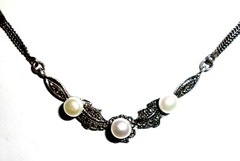 Vintage Sterlling Silver Marcasite Pearl Stationed Necklace 17″ Double Chain