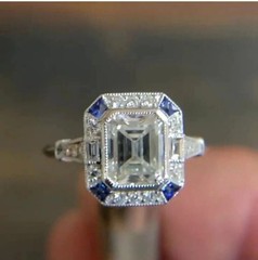 Art Deco Style Lab Created Diamond & Sapphire 14K White Gold FN Engagement Ring