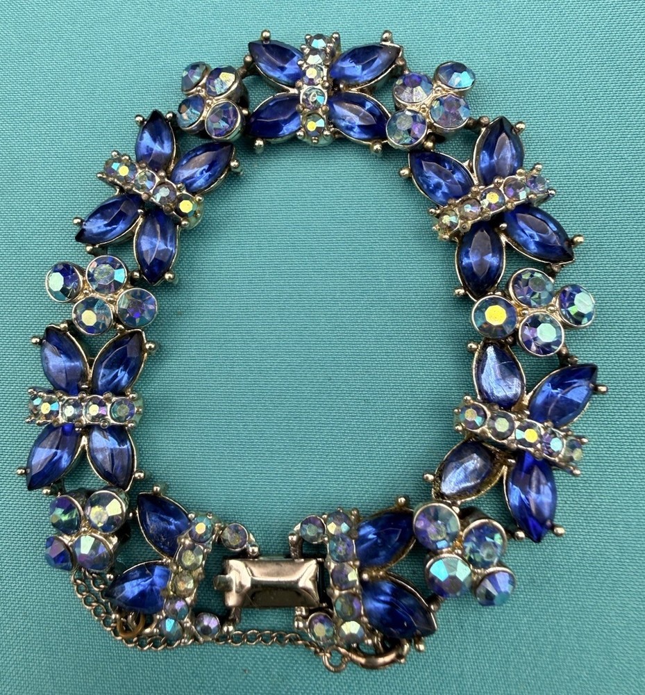 Signed Star AB & Sapphire Blue Rhinestone Bracelet Snap Close & Safety Chain