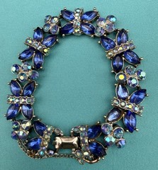 Signed Star AB & Sapphire Blue Rhinestone Bracelet Snap Close & Safety Chain