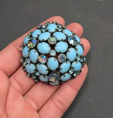 Vintage Unsigned Domed Milk Blue AB Rhinestone Flower Prong Cluster Pin Brooch