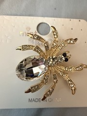 White Rhinestone Gold Tone Spider Brooch