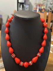 Vintage Vibrant Red Glass Ball &Tear Drop Bead Necklace Rhinestone Rondel Accent