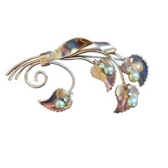 Large Rose Gold-plate Pearl Rhinestone Brooch Dimensional 3.25″ Mid-century