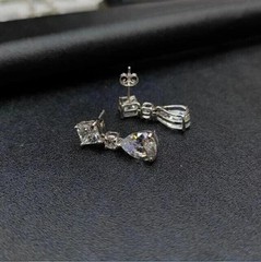 Art Deco Pear Cut Lab Created Diamond Three-Stone 925 Silver Engagement Earrings