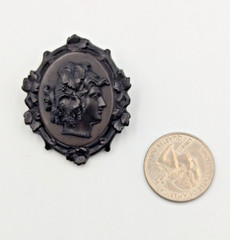 Antique Victorian Vulcanite Cameo Female Profile Mourning Brooch Pin