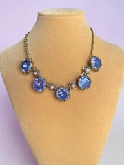 Art Nouveau Austrian Lilac Purple & Pink Crystal Brass Filigree Necklace
