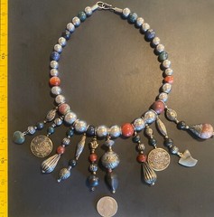 VTG OLD NATURAL STONE SILVER TONE BEAD NECKLACE NATIVE AMERICAN DROP PENDANT