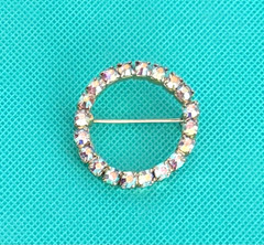 AB Aurora Borealis Clear Rhinestones Circle Pin Vtg Gold Tone Approx 1.5 Inches