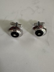 Shields Vintage Silver Tone Black Round Cufflinks Bullet Back Rhinestone Accent