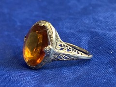 Vtg 14K White Gold Ring 3.51g Fine Jewelry Sz 7.5 Amber Color Oval Stone Prong
