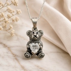 Signed Mark Wasserman Samara Sterling Silver Teddy Bear Heart Necklace