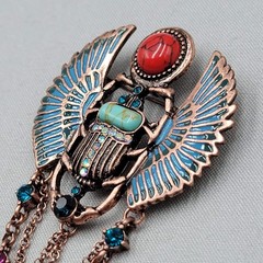 Egyptian Revival Scarab Brooch Copper tone Dangel Chains