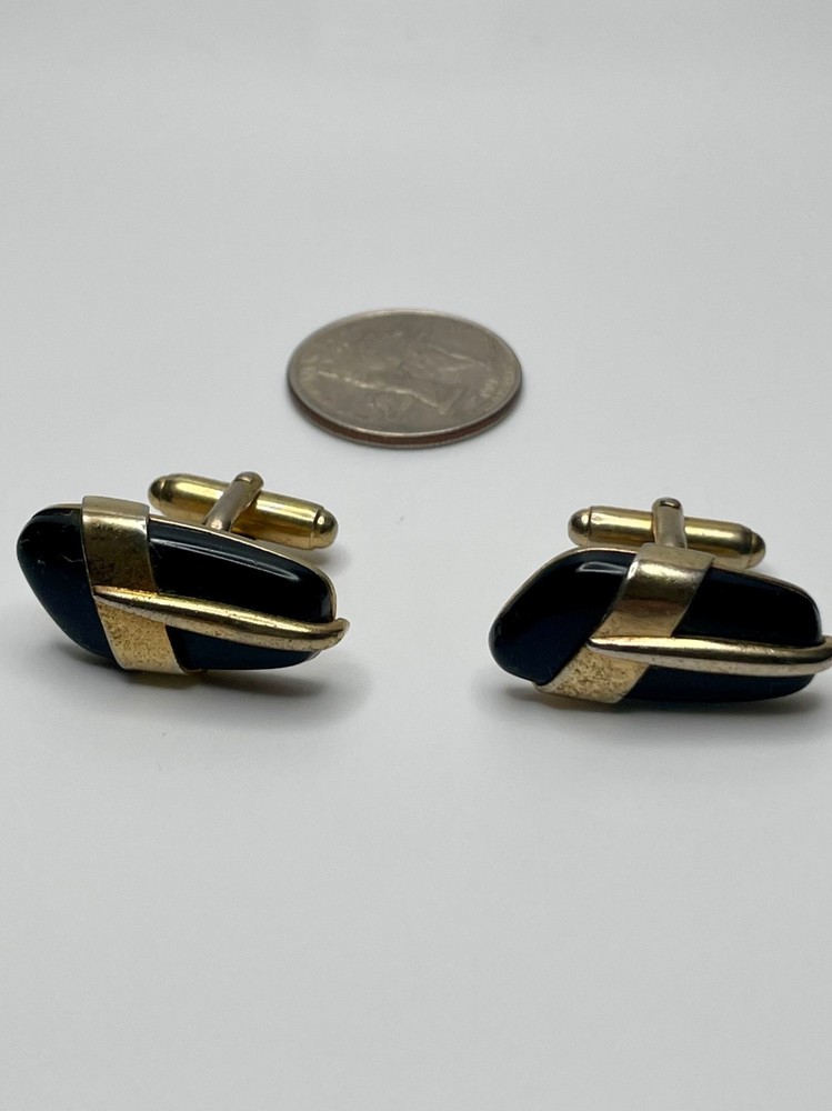 Vintage Anson Gold Tone Wrapped Heavy Black Cabochon Modernist Cufflinks