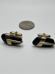 Vintage Anson Gold Tone Wrapped Heavy Black Cabochon Modernist Cufflinks