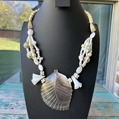 Vintage Artisan Pendant Necklace 24 Inch Carved MOP Shell Beaded Beachy Chunky