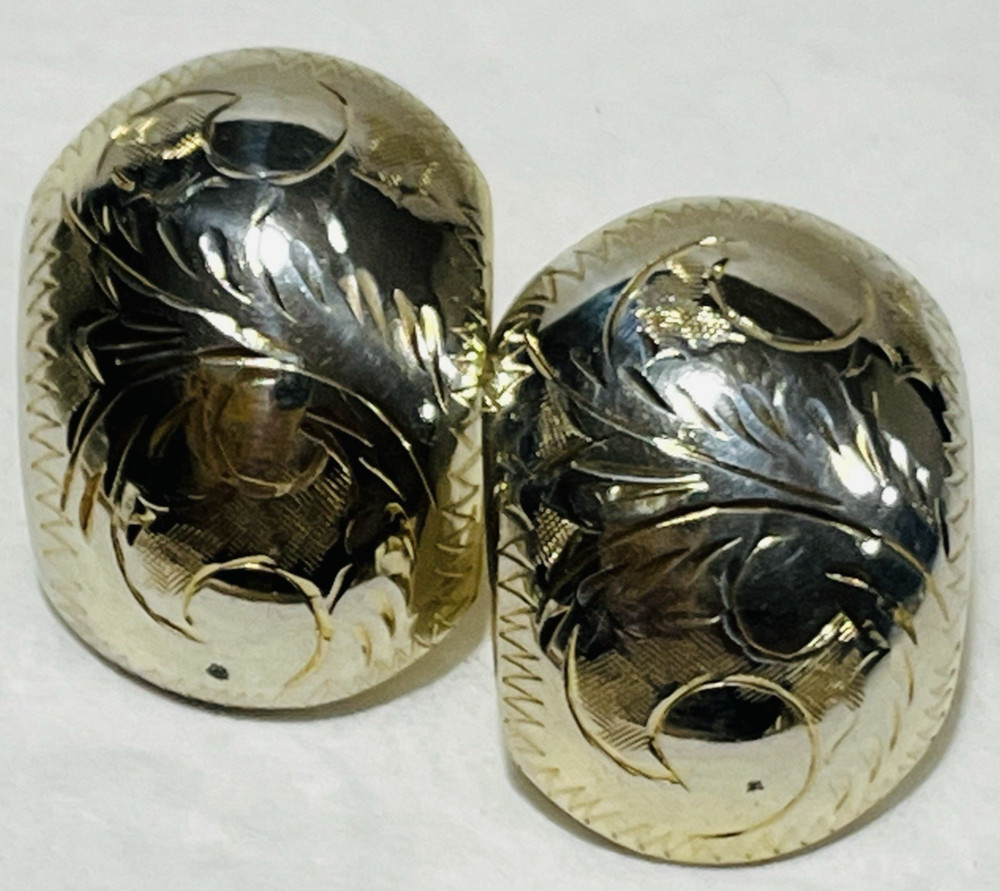 Vintage Sterling Silver Engraved Etched 1” Oval Dome Pierced Post Earrings
