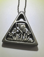 Vintage Medici Pewter Necklace Triangle Butterfly Design Pendant 18″ Chain