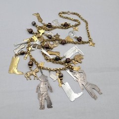 Vintage Mexican Folk Art Necklace Cowboys Indians Figural Dangling Charms 30″
