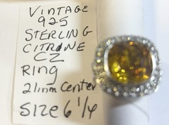 Vintage 925 Sterling CZ Citrine Crystal Ring Size 6 1/4 21mm Center