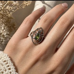 Sterling Silver 925 Filigree Ring Green Marquise Stone Vintage Style Sz 7.5