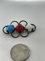 Antique Art Nouveau Red White & Blue Czech Glass Opaque Cabochon Brass Brooch