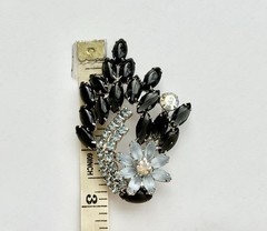 D&E Vintage Flower Corsage Ice Blue & Onyx Navette Brooch Pin & Clip-on Earrings