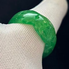 Natural Translucent green Jade Wide-Band Ring Hollow-out, Width 11mm, Size 11.75