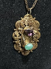 Vintage French Stamp Gold Plate Necklace Art Deco Purple Green Stones Pendant