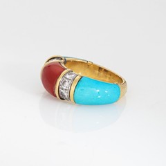 70s Vintage Turquoise Coral Diamond Band Sz 5 Ring 18k Yellow Gold Fine Jewelry