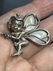 47. Vintage 925 Sterling PIXIE Fairy Elf Abalone Wings Pin 1 3/8″x 1 1/4″, 10.3g
