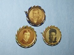 c.1890 MAN ON PHONE (CANDLESTICK) PHOTO MINI 3 PIN BROOCHES ENAMEL VICTORIAN