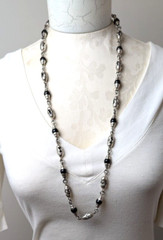 925 Taxco Sterling Silver Black Onyx Gem Bead & Barrel Long Chain Necklace 32″