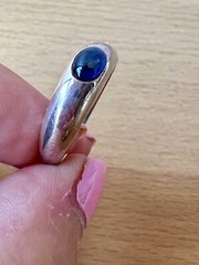 VINTAGE BLUE SPINEL CABOCHON FLUSH SET GYPSY STYLE RING 925 STERLING SILVER