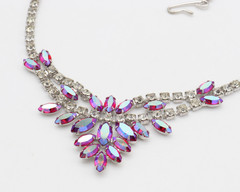 Vtg B. David Rhinestone Necklace Pink AB Red Clear Choker Signed Marquise