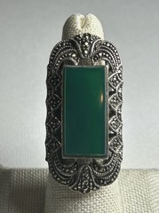Huge Vintage Art Deco 925 Sterling Silver Green Marcasite Gemstone Ring