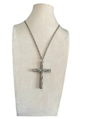 Brutalist Cross Necklace Large Rustic Pendant Wood Look Silver Tone Christian