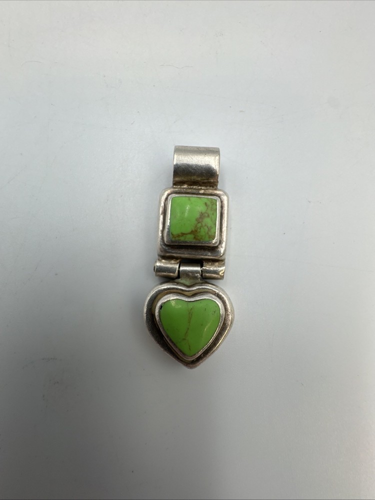 Lime Green Square & Heart Shaped Stone Vintage Sterling Silver 925 Pendant 13.2g