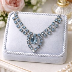 Vtg Sky Blue Rhinestone Necklace – Silver Tone – 14” – Foldover Clasp – c1950s